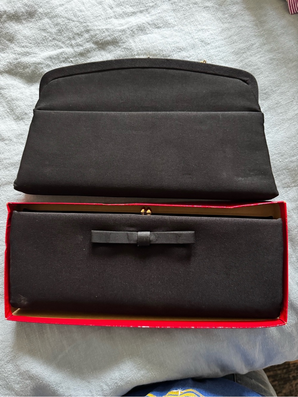 Classic Black Satin Clutch with Bow Accent One with original Box.